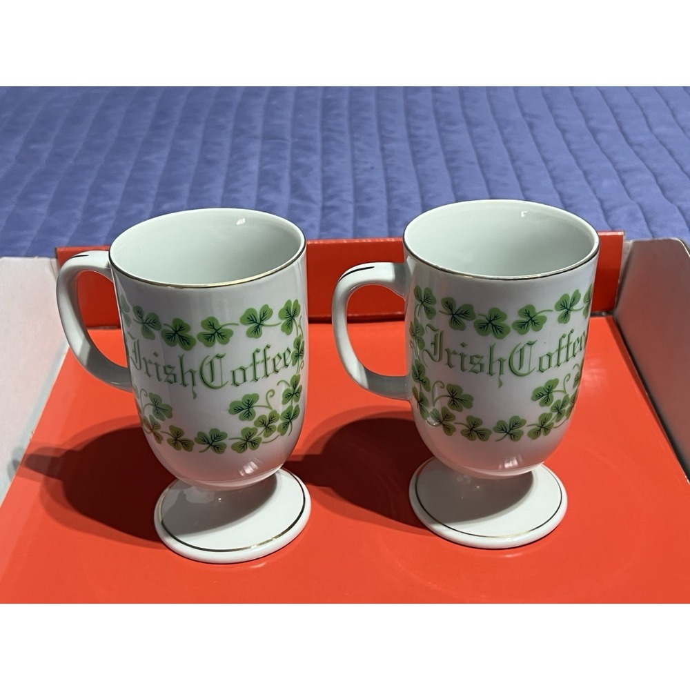 Irish Coffee Pedestal Mugs in White with Green Shamrock Design